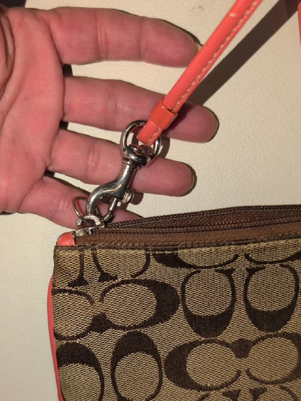 Coach Brown Signature Canvas Wristlet with Coral Trim - Picture 7 of 7
